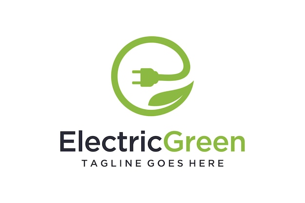 Ilustración moderna del letrero leaf e formado por hojas y diseño de logotipo de enchufes eléctricos