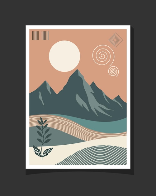 Ilustración moderna de una montaña con un estilo boho y colores tranquilos únicos