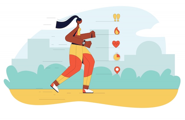 Ilustración moderna de una niña corriendo al aire libre. Conceptos de diseño plano para sitio web, folleto, pancarta con símbolos e infografía.