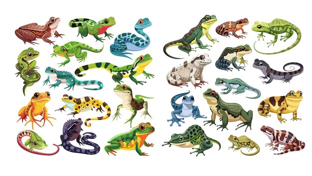 Ilustración moderna con reptiles lagartos ranas iguanas y pitones ilustración moderno con reptiles y lagartos