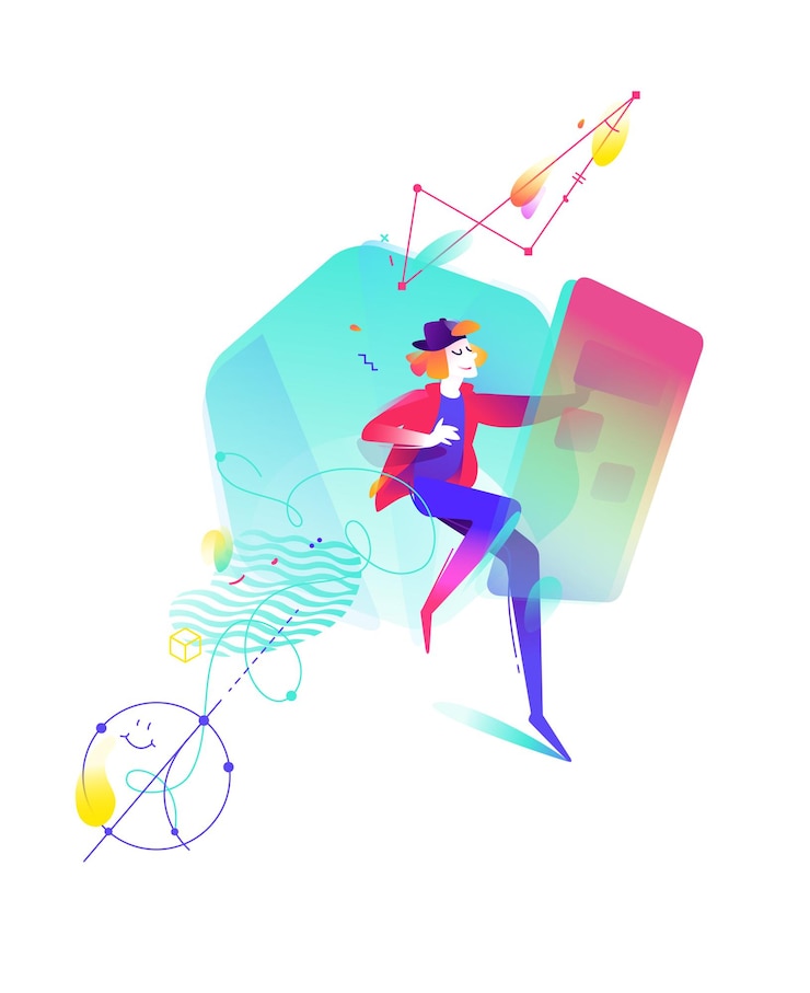 Vector ilustración moderna sobre el tema de la tecnología móvil un joven en la pantalla