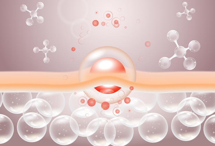 Vector ilustración de moléculas de suero para mejorar la piel propensa al acné