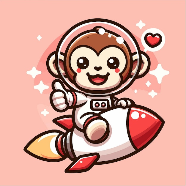 Ilustración de un mono astronauta montando un cohete en un estilo vectorial simple