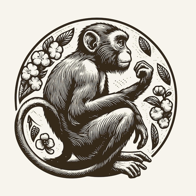 Ilustración de un mono con estilo de grabado
