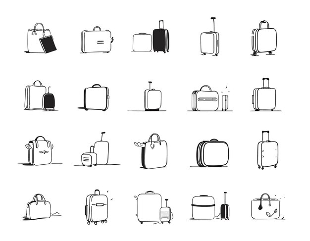 Ilustración monocroma del boceto de la colección de maletas de viaje Icono negro del equipaje de viaje El concepto de viaje