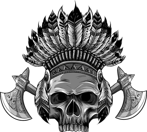 Vector ilustración monocroma de calavera estilizada con capot de guerra nativo americano