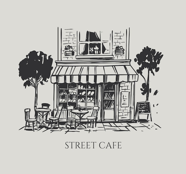 Ilustración monocromática dibujada a mano de un café europeo callejero