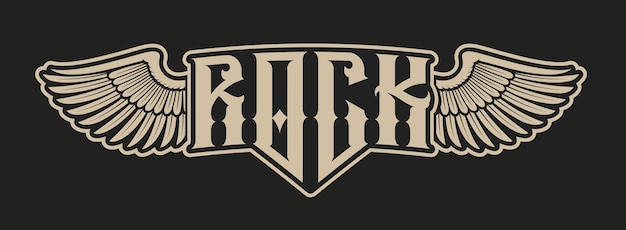 Ilustración monocromática de letras de rock con alas sobre un fondo negro. Ideal para impresión de fábrica