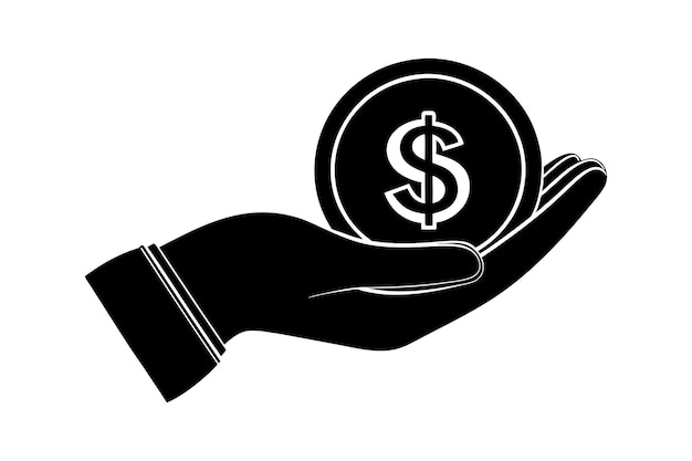 Ilustración monocromática de monedas de un dólar con la mano para conceptos financieros