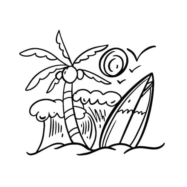 Ilustración monocromática de una palmera, tablas de surf y olas