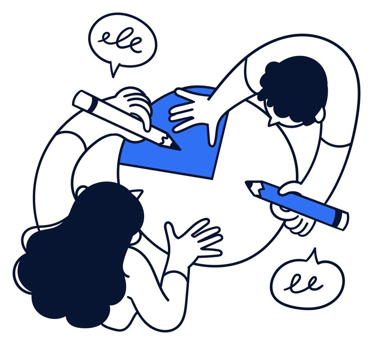 Vector ilustración monocromática que muestra el trabajo en equipo con dos personas en una sesión de lluvia de ideas creativa