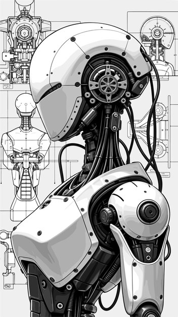 Ilustración monocromática vectorial de un robot humanoide en estilo anime