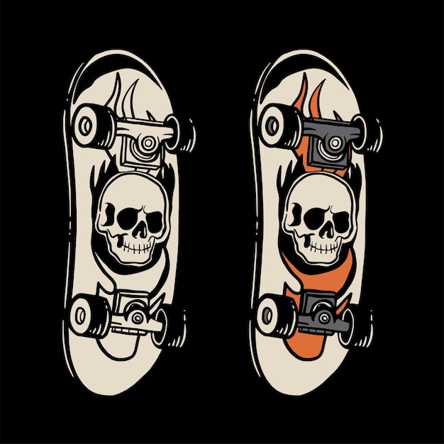 ilustración de monopatín cráneo vintage esqueleto dibujo a mano diseño de camiseta