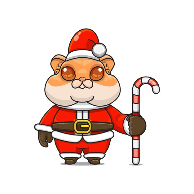 Vector ilustración del monstruo animal lindo que lleva el traje de santa que sostiene el bastón de caramelo