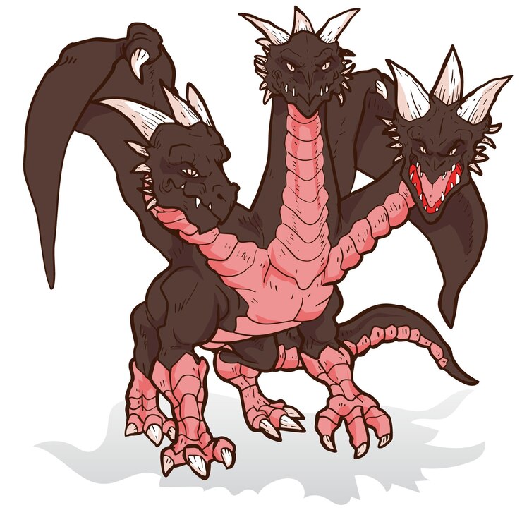 Ilustración de monstruo de bestia de dragón negro de cabeza triple