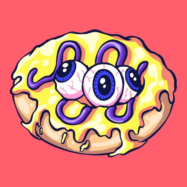 Ilustración de un monstruo de postre con ojos aterradores en un estilo psicodélico y derretido