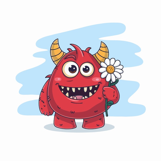 Ilustración de un monstruo sonriente sosteniendo una flor