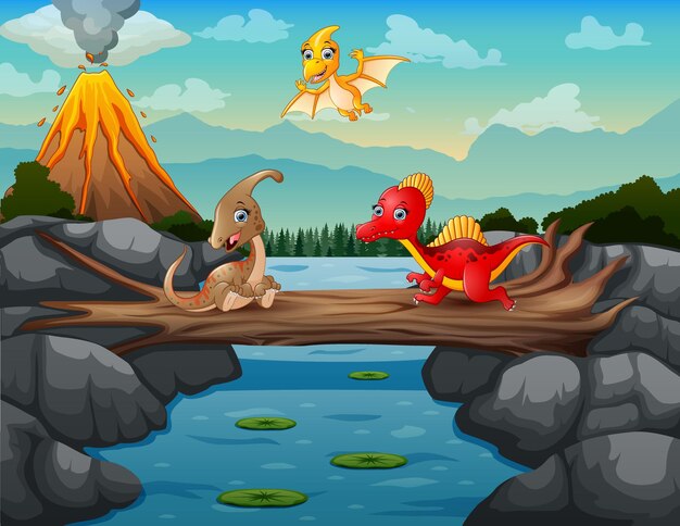 Ilustración de una montaña en erupción con dinosaurios en el río.