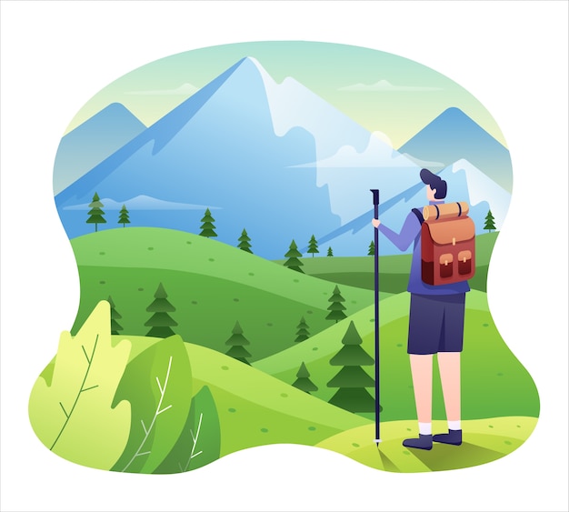 Ilustración de montaña, excursionista en prado de hierba listo para la aventura a la montaña.