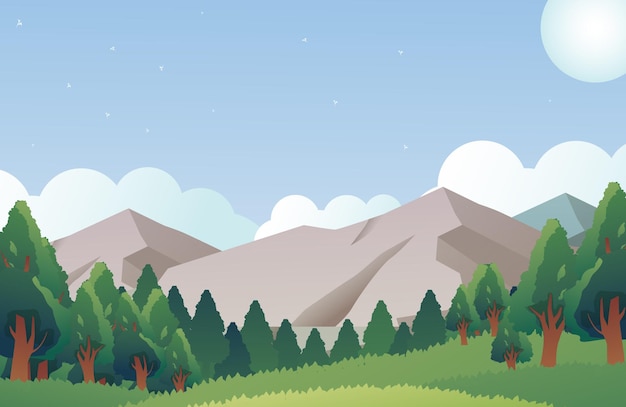 Ilustración de montaña con gradiente vectorial de la escena del bosque durante el día