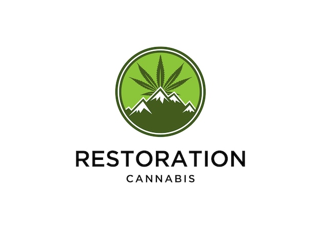 Ilustración de una montaña con grandes hojas de cannabis detrás del diseño del logotipo