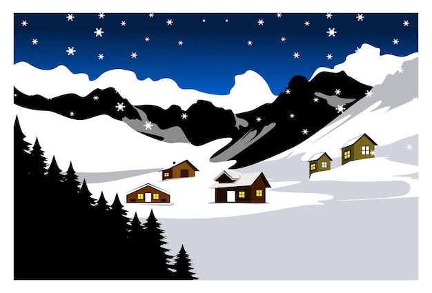 Ilustración de una montaña nevada con estrellas en el cielo y una casa rural