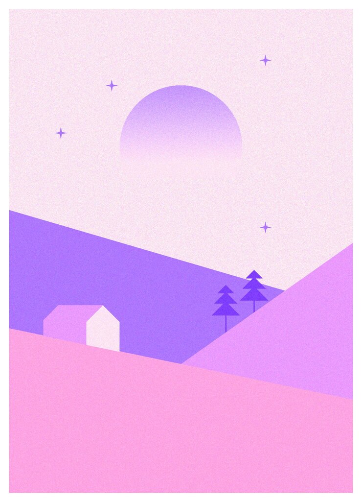 Vector ilustración de montañas y colinas por la noche con una granja en una colina