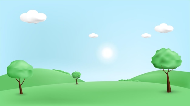 Vector ilustración de montañas y colinas de paisajes 3d con árboles 3d, nubes y sol
