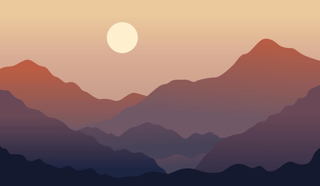 Ilustración de montañas de colores gradientes y el sol por encima de ellas