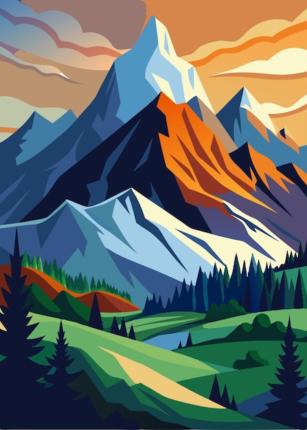 Ilustración montañas rocosas en el río montañas por encima del lago naturaleza