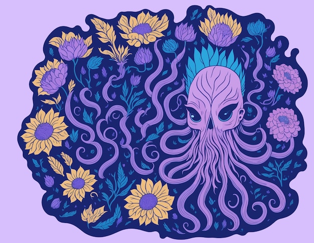 Una ilustración morada de una cabeza de cthulhu con una flor y una cabeza con una cabeza azul y una flor en ella