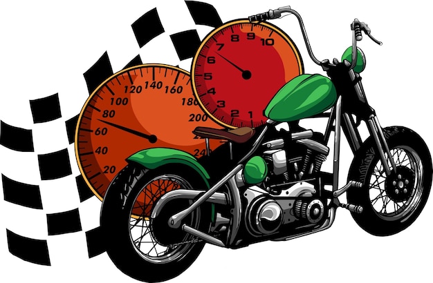 Ilustración de una motocicleta antigua con bandera de carrera