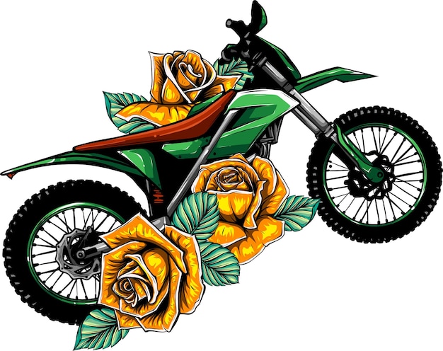 Ilustración de motocross con rosa sobre fondo blanco.