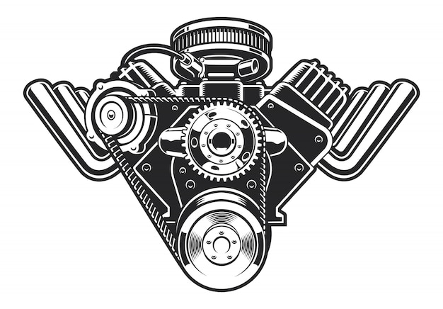 Ilustración de un motor hot rod sobre un fondo blanco.