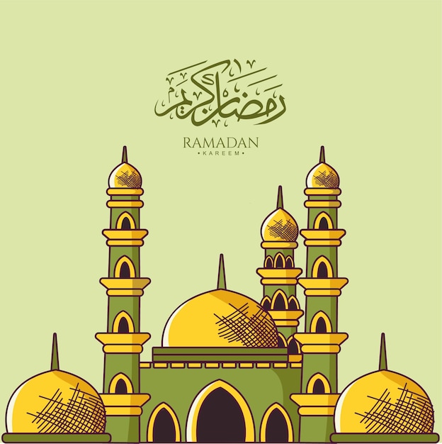 Ilustración de Mubarak de Ramadán con mezquita y linterna Concepto Estilo de boceto dibujado a mano