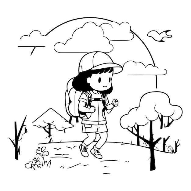 Vector ilustración de una muchacha caminando por el bosque con una mochila