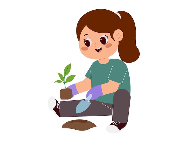 Ilustración de una muchacha plantando un árbol