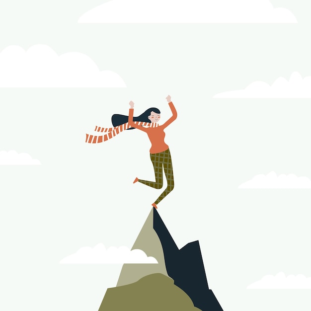 Ilustración de una muchacha que llega a la cima de la montaña y se regocija