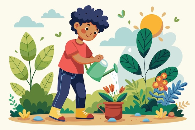 Vector ilustración de un muchacho regando las plantas