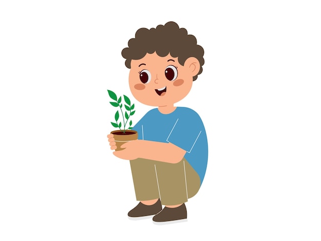 Ilustración de un muchacho sosteniendo una planta en olla