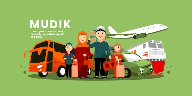 Ilustración de mudik con familia con transporte público