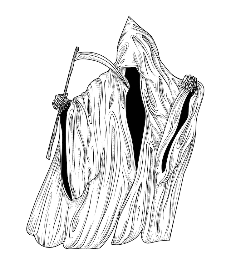 Vector ilustración de la muerte en una capucha bailando en estilo de grabado