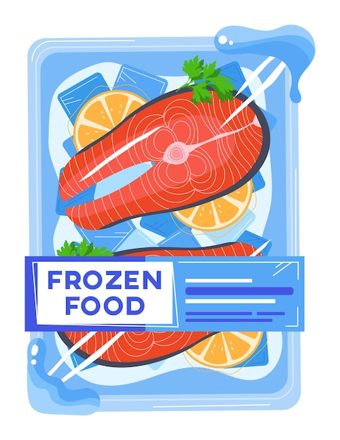 La ilustración muestra el embalaje de bandeja de plástico de pescado de salmón Productos de mariscos congelados rebanadas de limón helado