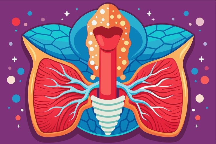 Vector esta ilustración muestra la glándula tiroidea destacando su intrincada anatomía en colores vibrantes y detalles ilustración plana personalizable de la tiroides