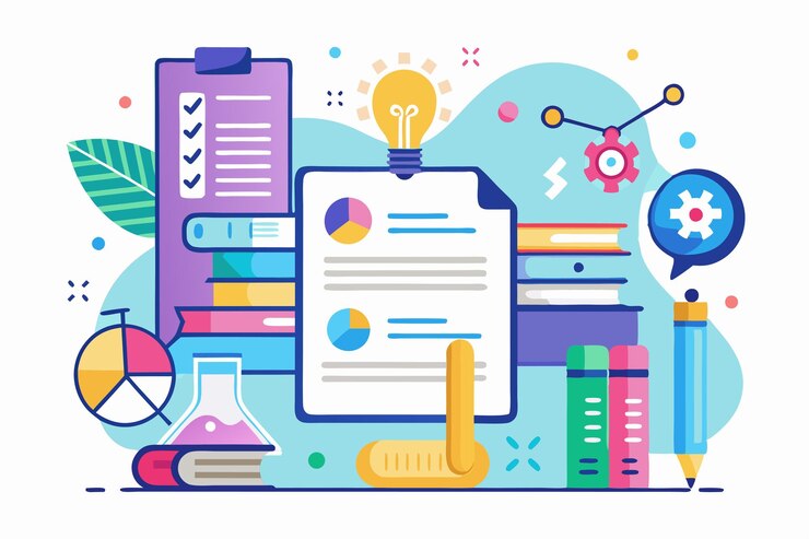 Vector esta ilustración muestra varias herramientas académicas utilizadas para la investigación destacando las opciones de personalización ilustración de papel de investigación personalizable