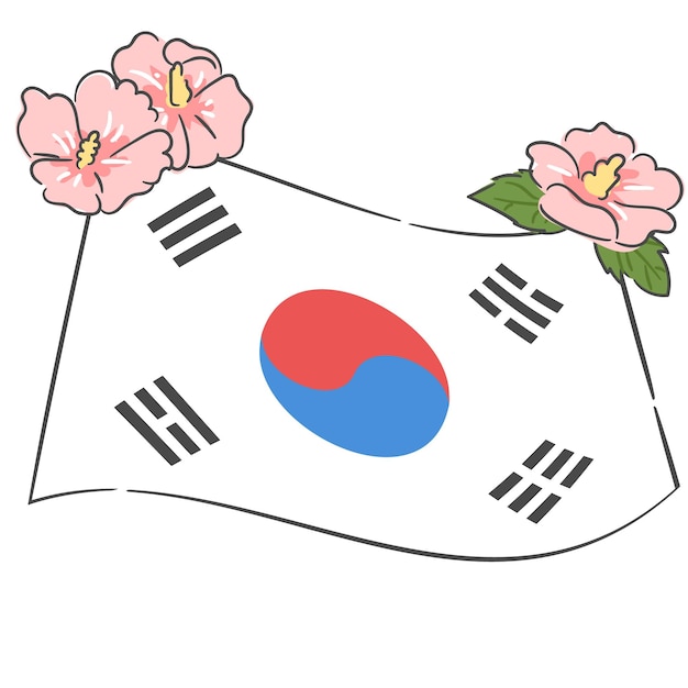 Ilustración de Mugunghwa y la bandera nacional de Corea Taegeukgi