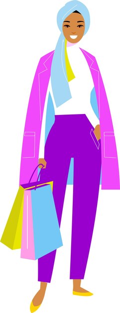 Ilustración mujer árabe en hiyab con bolsas de la compra