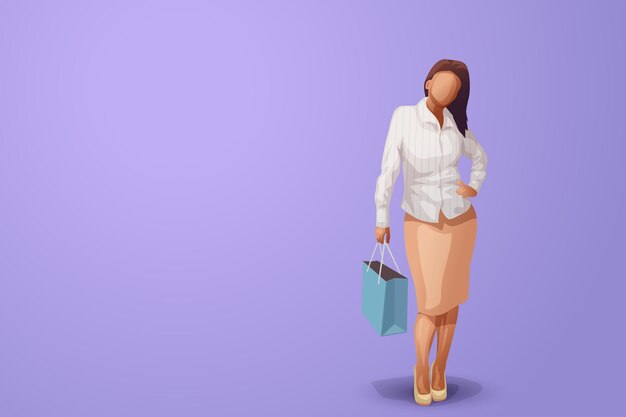 Ilustración de una mujer atractiva y feliz con una bolsa de compras sobre un fondo púrpura