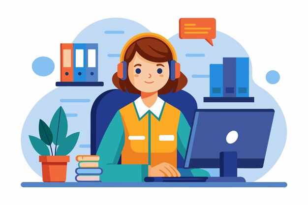 Una ilustración de una mujer con auriculares mientras trabaja en su computadora en una oficina