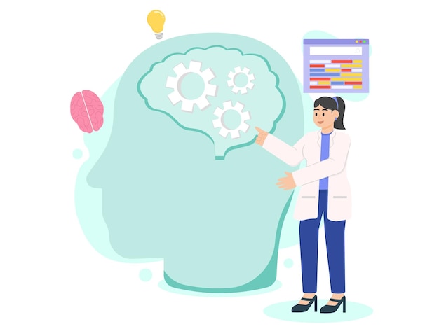 Vector ilustración de una mujer con una bata blanca de laboratorio parada junto a un cerebro con engranajes adentro